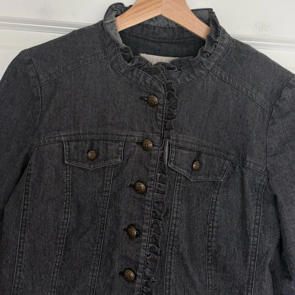 Sandro Black Denim Jacket Ruffle Button Up Shacket Cotton Casual Military Sz S